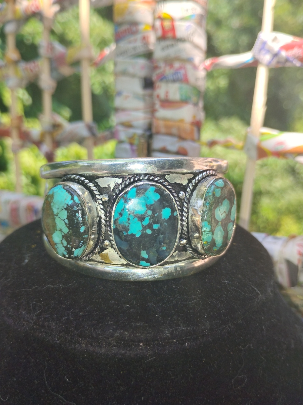 Turquoise Three-Stone Sterling Cuff Bracelet - Turquoise